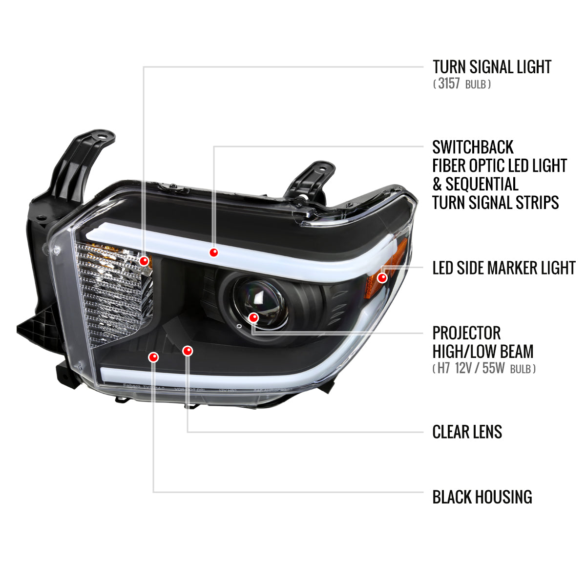 2014-2021 Toyota Tundra LED Switchback Sequential Turn Signal LED Bar Projector Headlights (Matte Black Housing/Clear Lens)