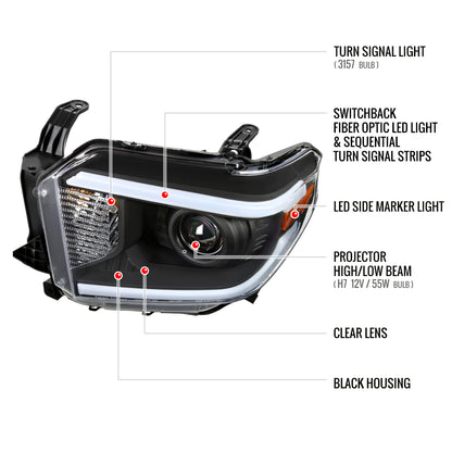 2014-2021 Toyota Tundra LED Switchback Sequential Turn Signal LED Bar Projector Headlights (Matte Black Housing/Clear Lens)