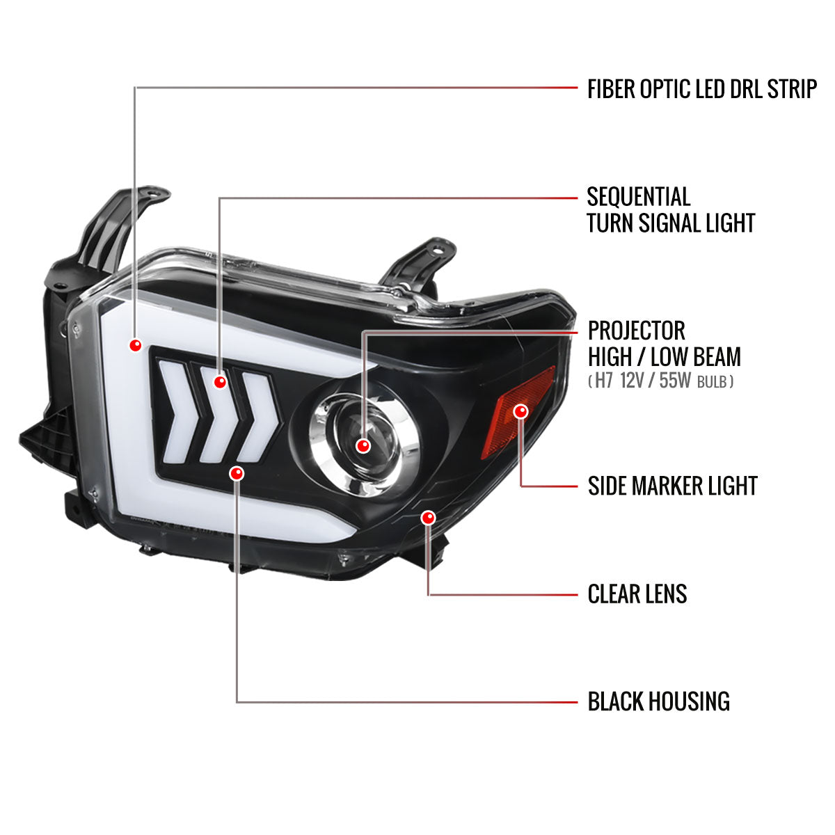 2014-2021 Toyota Tundra LED C-Bar Projector Headlights w/ Sequential Arrow Turn Signals (Matte Black Housing/Clear Lens)