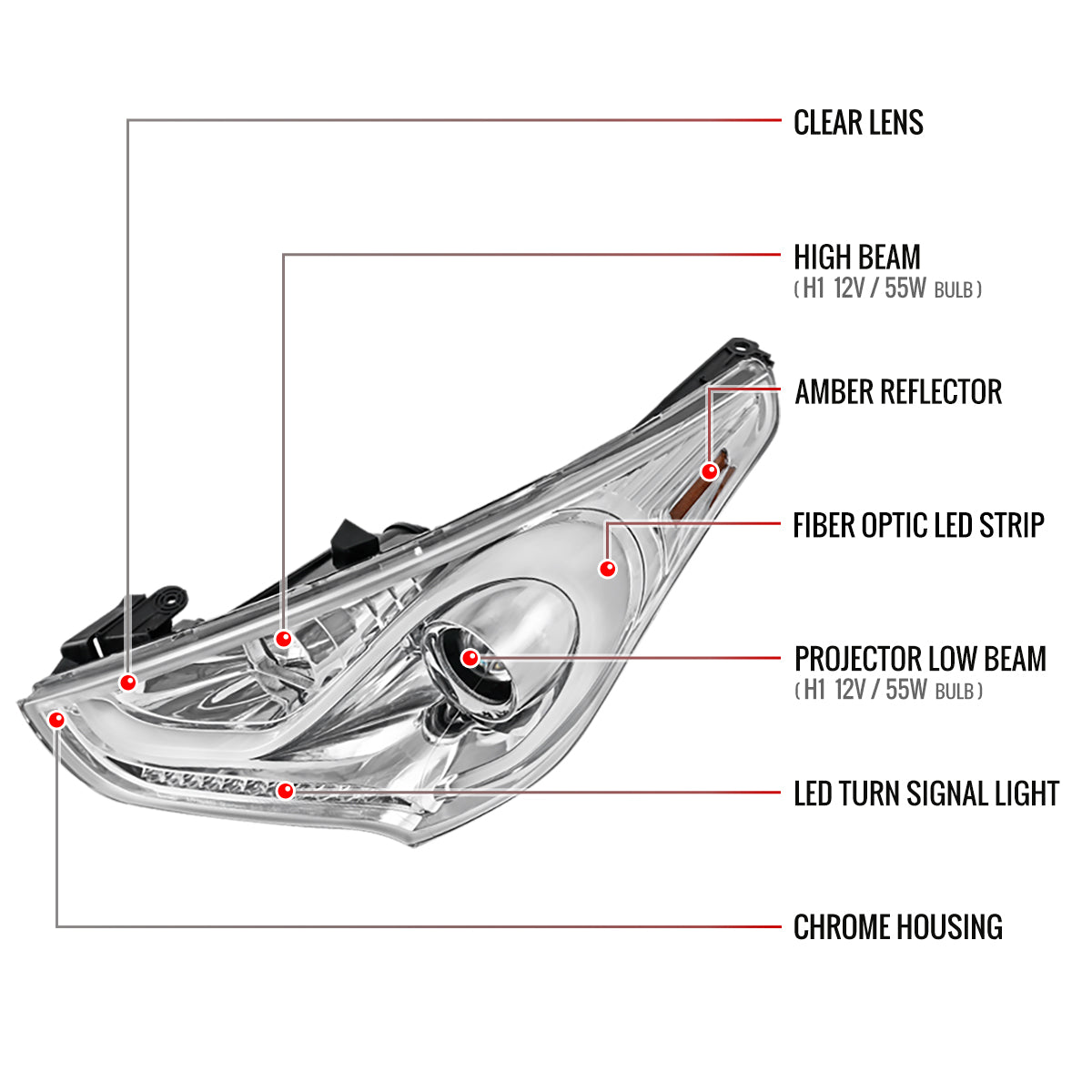 2012-2017 Hyundai Veloster LED Light Bar Projector Headlight w/ Sequential Turn Signal Lights (Chrome Housing/Clear Lens)