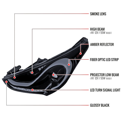 2012-2017 Hyundai Veloster LED Bar Projector Headlights w/ Sequential Turn Signal Lights (Glossy Black Housing/Smoked Lens)