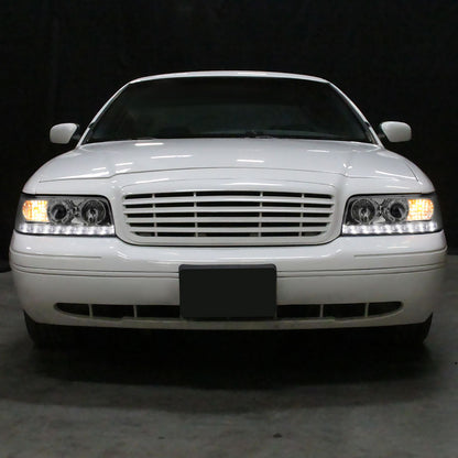 1998-2011 Ford Crown Victoria Projector Headlights w/ LED Light Strip (Chrome Housing/Clear Lens)