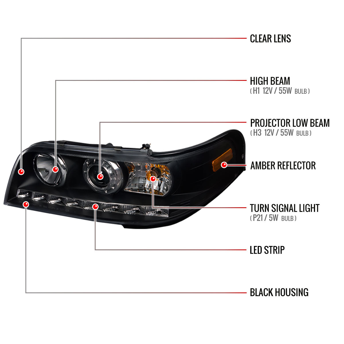 1998-2011 Ford Crown Victoria Projector Headlights w/ LED Light Strip (Matte Black Housing/Clear Lens)