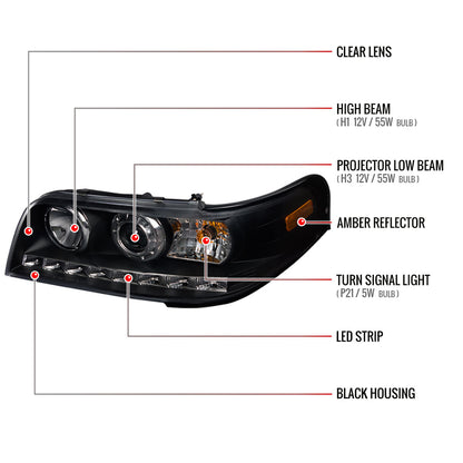 1998-2011 Ford Crown Victoria Projector Headlights w/ LED Light Strip (Matte Black Housing/Clear Lens)