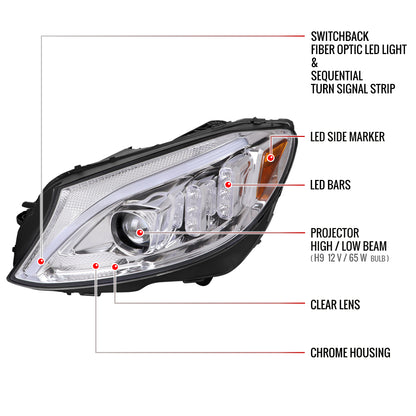 2015-2018 Mercedes-Benz C-Class W205 Switchback Sequential Turn Signal Projector Headlights (Chrome Housing/Clear Lens)
