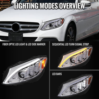 2015-2018 Mercedes-Benz C-Class W205 Switchback Sequential Turn Signal Projector Headlights (Chrome Housing/Clear Lens)
