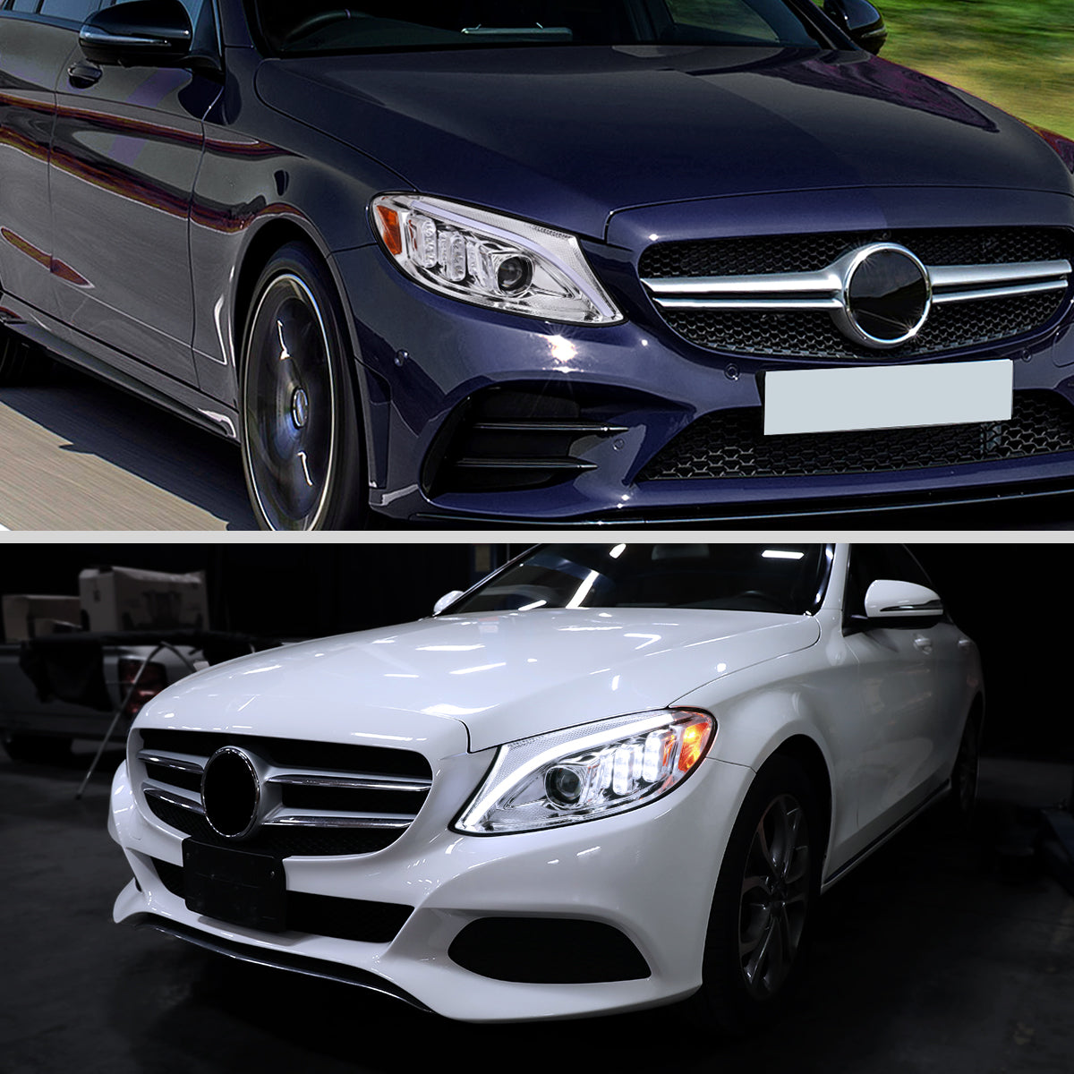 2015-2018 Mercedes-Benz C-Class W205 Switchback Sequential Turn Signal Projector Headlights (Chrome Housing/Clear Lens)