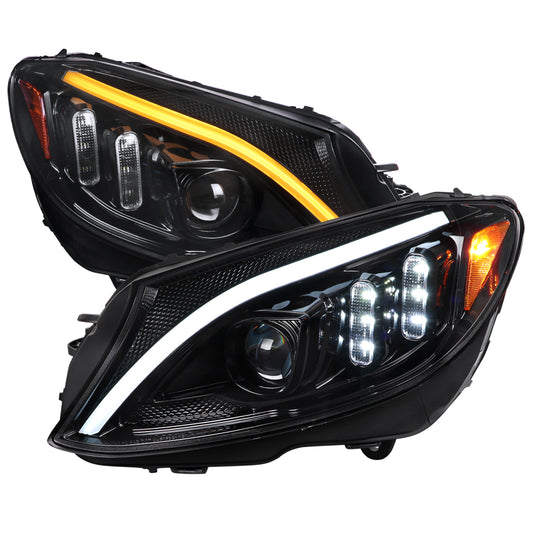 2015-2018 Mercedes-Benz C-Class W205 Switchback Sequential Turn Signal Projector Headlights (Jet Black Housing/Clear Lens)