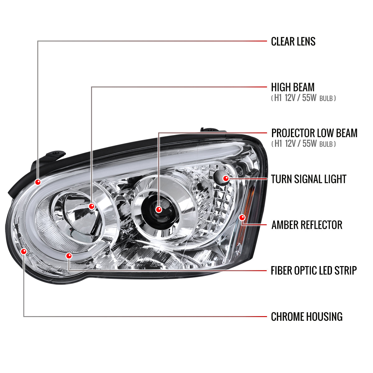 2004-2005 Subaru Impreza WRX/STI Outback Projector Headlights w/ LED Light Bar (Chrome Housing/Clear Lens)