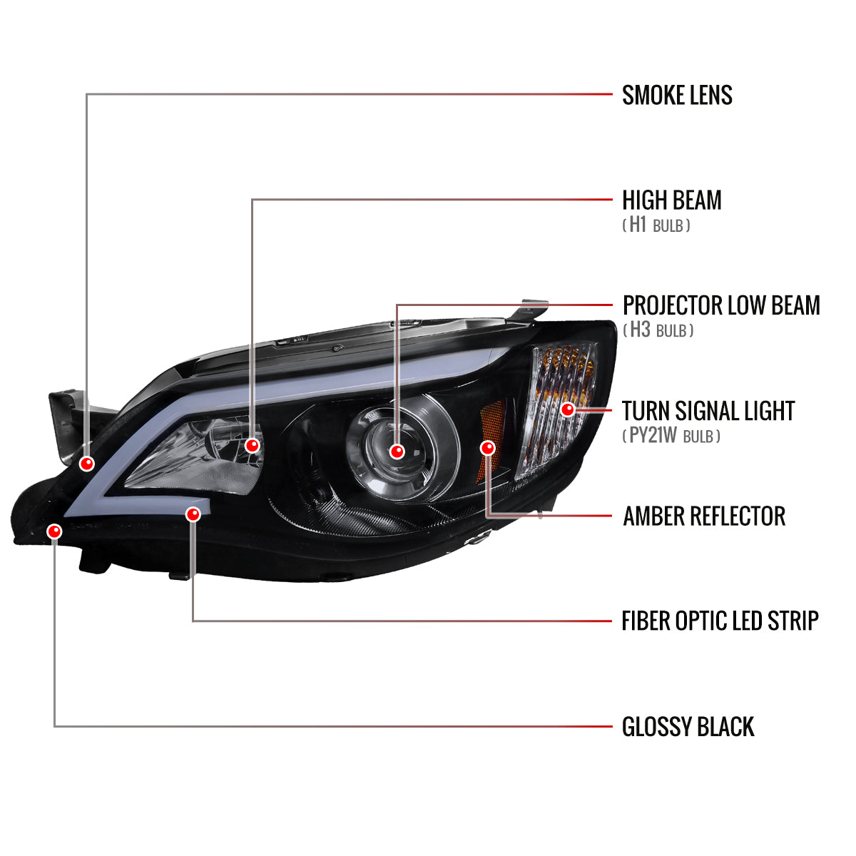 2008-2014 Subaru Impreza WRX / 2008-2011 Outback Sport LED Bar Projector Headlights (Glossy Black Housing/Smoked Lens)