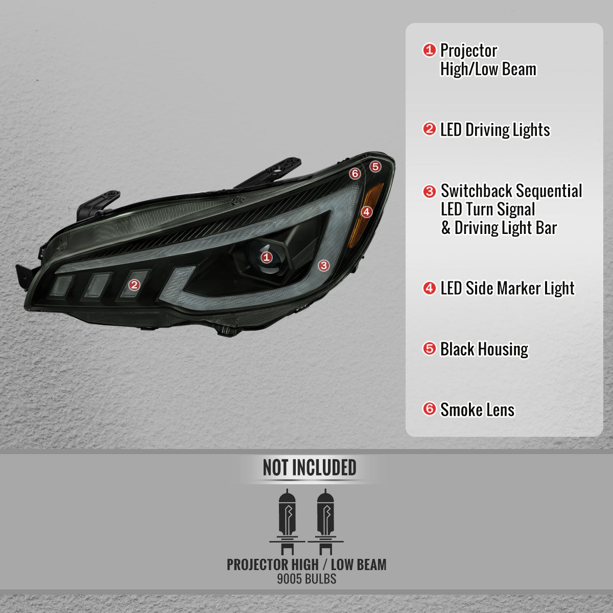 2015-2021 Subaru Impreza WRX STI Projector Headlights Sequential LED Switchback DRL (Black Housing / Smoked Lens)