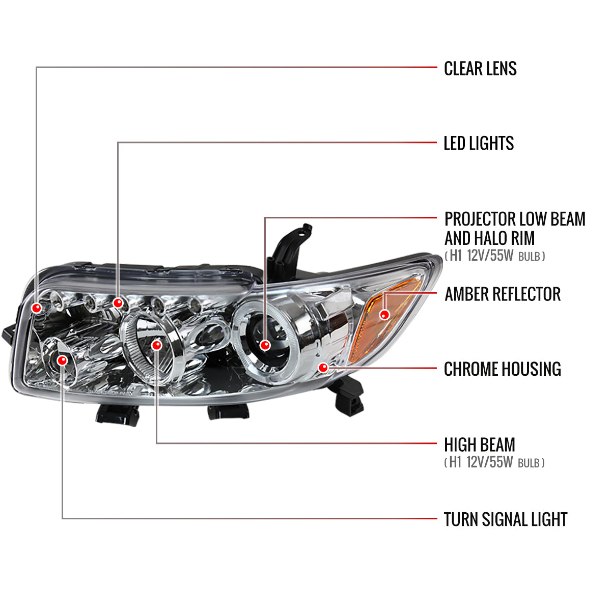 2008-2010 Scion xB Single Halo Projector Headlights (Chrome Housing/Clear Lens)