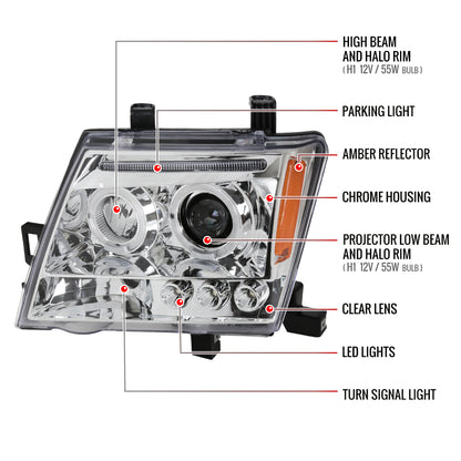 2005-2015 Nissan Xterra Dual Halo Projector Headlights (Chrome Housing/Clear Lens)