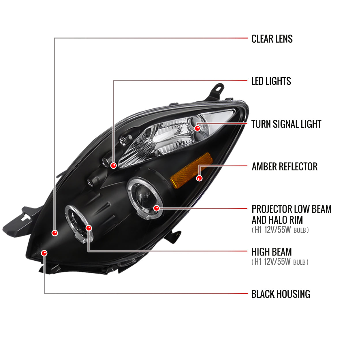 2006-2008 Toyota Yaris Dual Halo Projector Headlights (Matte Black Housing/Clear Lens)