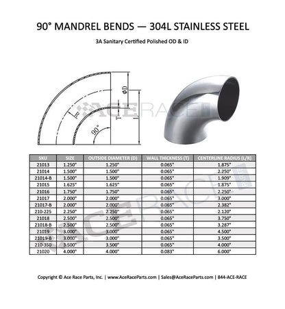 3.000" 16ga 90° Mandrel Bend - (4.500" CLR) - Brushed Finish - 304 Stainless