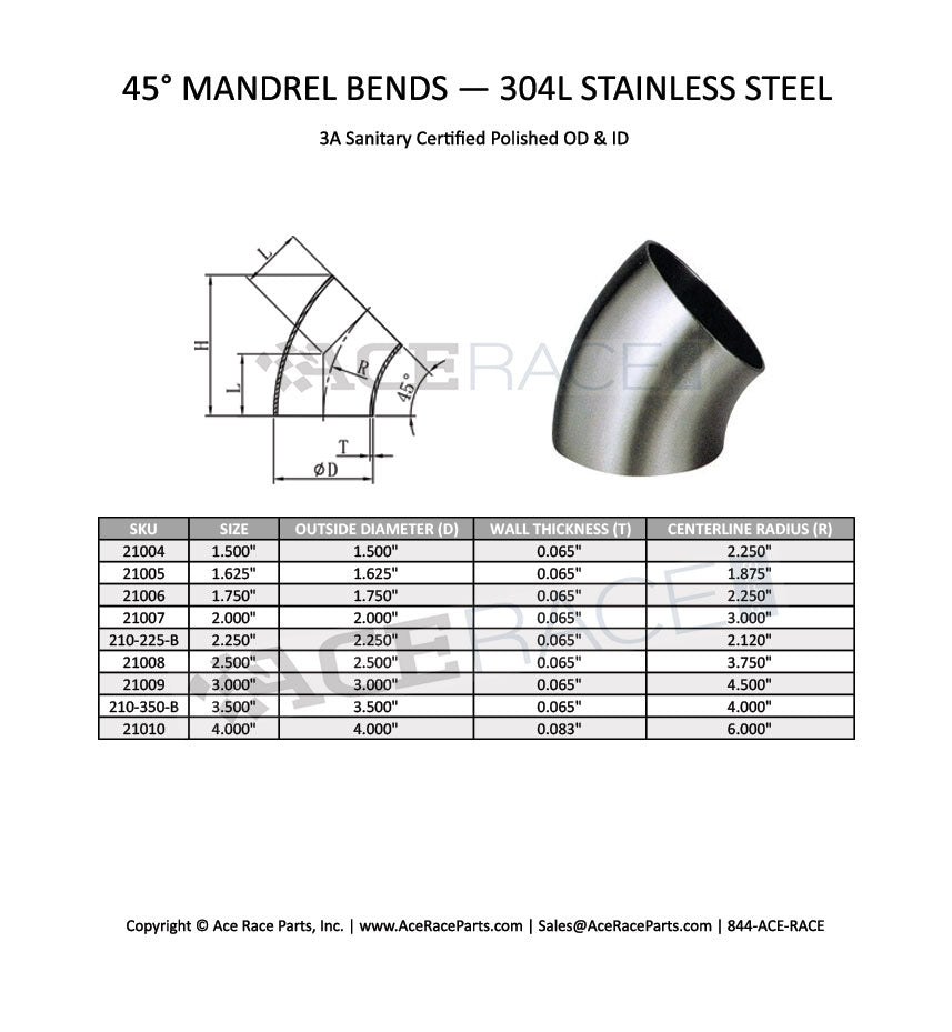 1.500" 16ga 45° Mandrel Bend - (2.250" CLR) - Brushed Finish - 304 Stainless