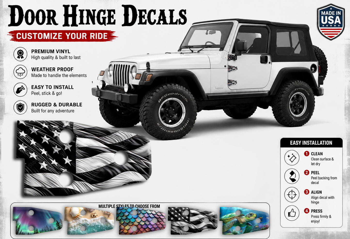 Black and white American flag Door hinge decals 2
