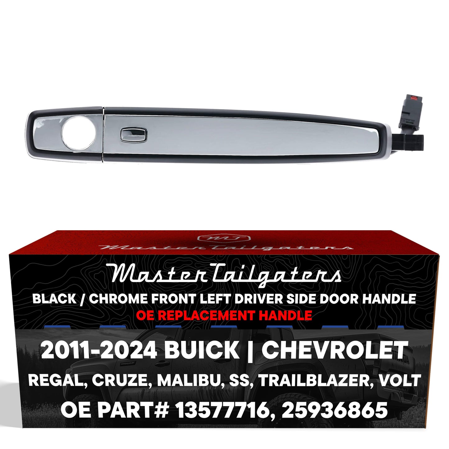 Exterior Door Handle Black/Chrome Replacement for Buick Regal (12-15) / Chevrolet Cruze (11-15), Malibu (13-16), SS (14-16), Trailblazer (13-24), Volt (11-15) OE Part # 13577716, 25936865 | Front LH