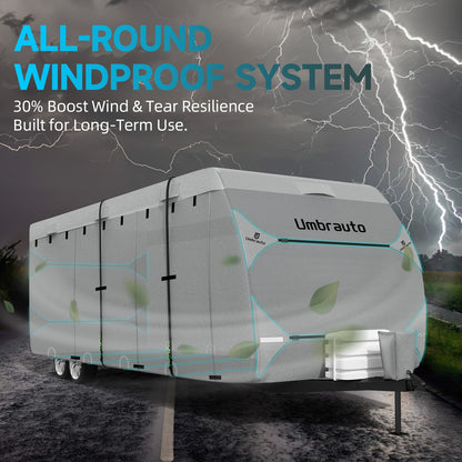 Umbrauto Bi-component Hi-tech Fabric RV Cover,Travel Trailer Cover, Waterproof Camper Cover, Toy Hauler Cover with Tongue Jack Cover, Extra Windproof Ropes, Gutter Covers