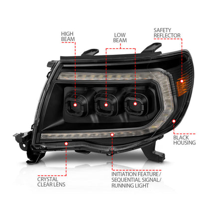 ANZO 05-11 Toyota Tacoma Full LED Proj Headlights White DRL/Init/SeqSig Black - Pair 111640A