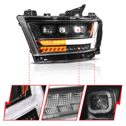 ANZO 19-24 RAM 1500 (New Body/OE Halogen) Full LED Proj Headlights DRL/SeqSig Black - Pass. Side 111628A-R
