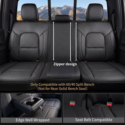 Umbrauto Car Seat Covers for Dodge RAM, Premium Nappa Waterproof Leather Seat Cushion Fits 2009-2026 RAM 1500/2500/3500 Crew Quad Mega Cab with Curved Bench,Full Set, Black