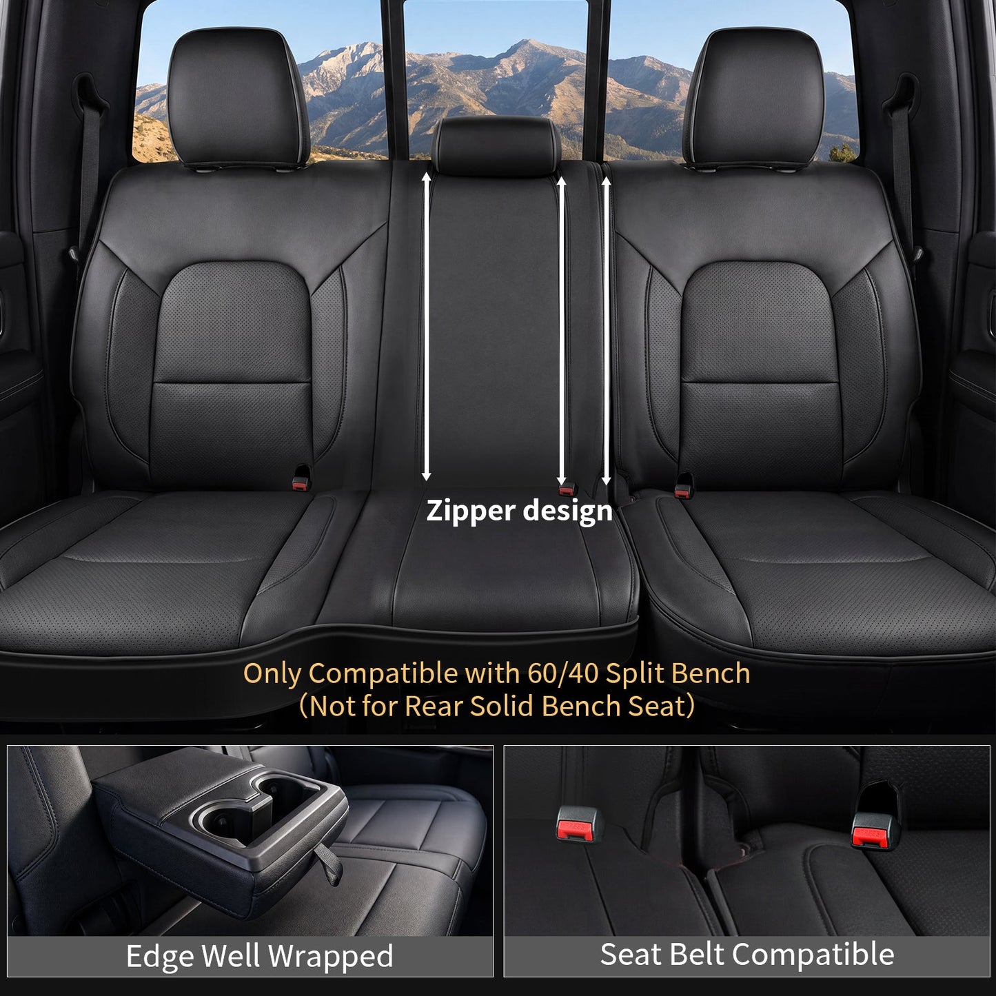 Umbrauto Car Seat Covers for Dodge RAM, Premium Nappa Waterproof Leather Seat Cushion Fits 2009-2026 RAM 1500/2500/3500 Crew Quad Mega Cab with Flat Bench,Full Set, Black
