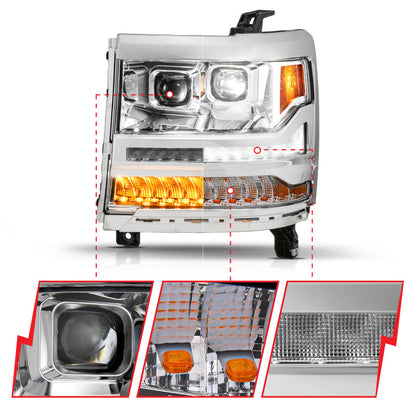 ANZO 16-18 Chevy Silverado 1500 (Factory HID Models ONLY) Full LED Proj Headlights Chrome - Pair 111623A