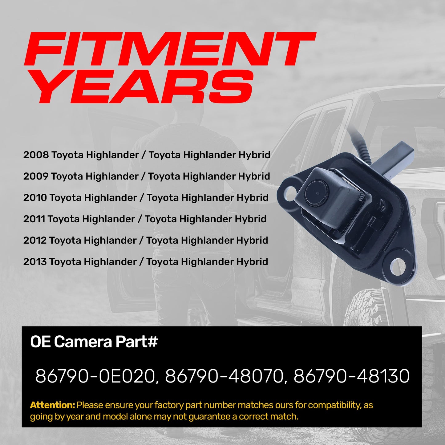 Toyota Highlander + Hybrid (2008-2013) OEM Replacement Backup Camera OE Part # 8679048130, 8679048070, 867900E020