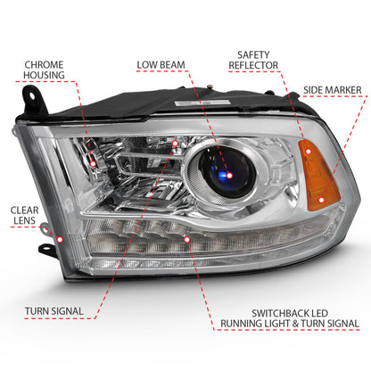 ANZO 2009-2018 Dodge Ram 1500 Projector Plank Style Switchback H.L Halo Chrome Amber (OE Style) 111440
