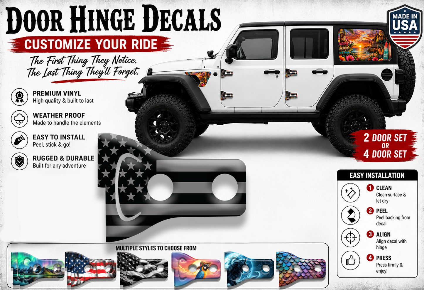 American flag black and gray Door hinge decals 36