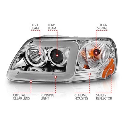ANZO 1997-2003 Ford F-150 Projector Headlights w/ Light Bar Chrome Housing 111504