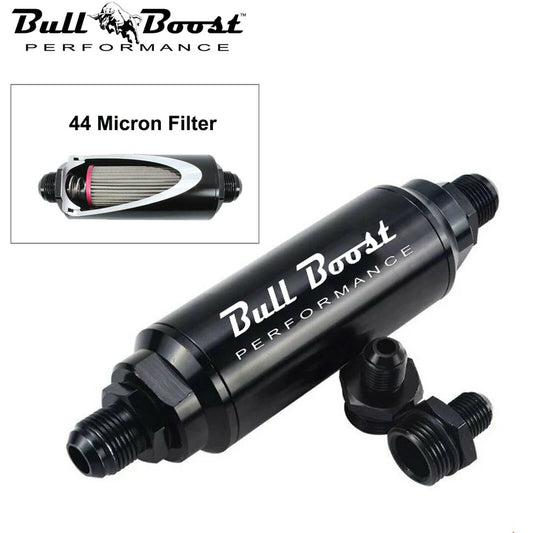 BULL BOOST Performance 44-Micron Inline Fuel Filter | -6AN / -8AN / -10AN Universal High Flow Turbo Billet