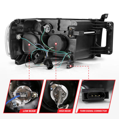 ANZO 2002-2005 Dodge Ram 1500 Projector Headlights w/ Halo Black Clear Amber 111490