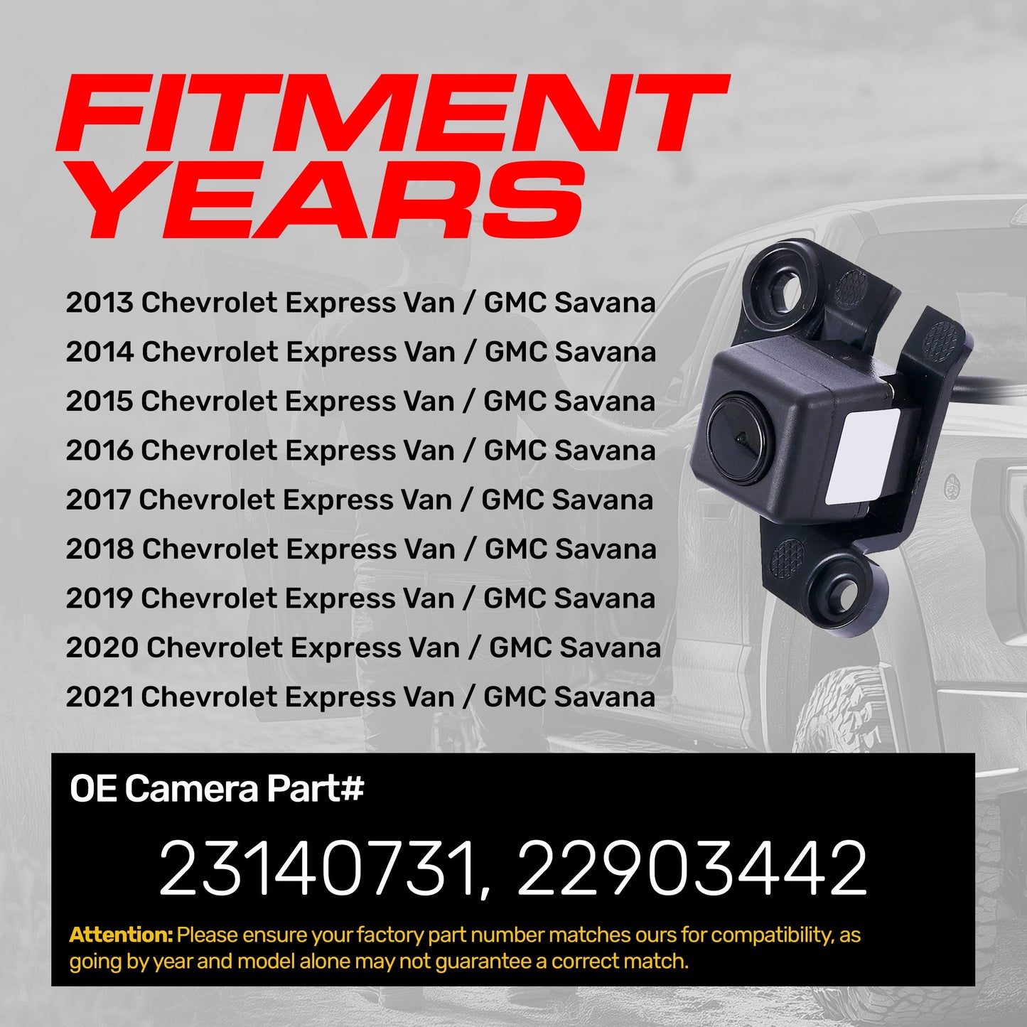 Chevrolet Express Van / GMC Savana (2013-2021) OEM Replacement Backup Camera OE Part # 22903442, 23140731