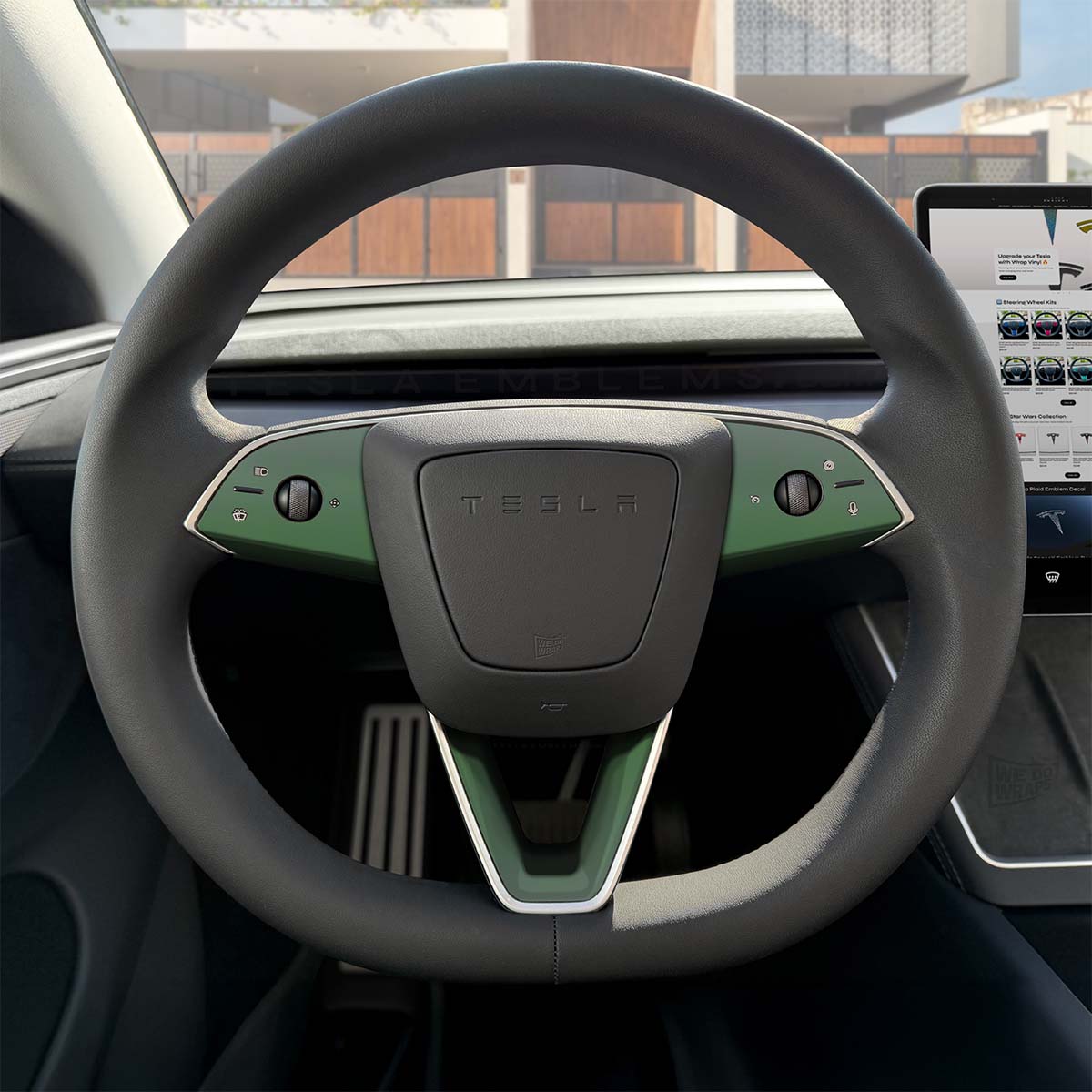 3M Matte Military Green Tesla Steering Wheel Trim Decal Kit (3pcs) | Model 3