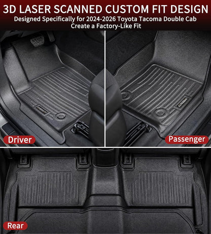 Umbrauto Floor Mats for Toyota Tacoma 2024 2025 2026 Double Cab Auto Tran (Not for Hybrid), All Weather TPE Truck Floor Liners Custom Fit Tacoma TRD/SR/SR5/Limited, 3D Laser Scanned Waterproof Car Rug