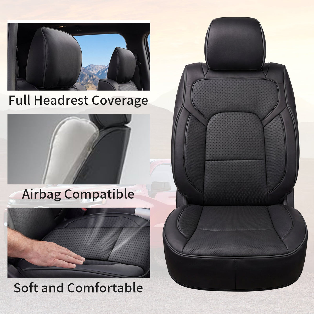 Umbrauto Car Seat Covers for Dodge RAM, Premium Nappa Waterproof Leather Seat Cushion Fits 2009-2026 RAM 1500/2500/3500 Crew Quad Mega Cab with Curved Bench,Full Set, Black