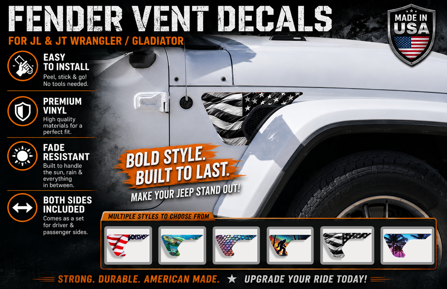 American flag fender vent decal for the JL or JT 2018 or newer 3