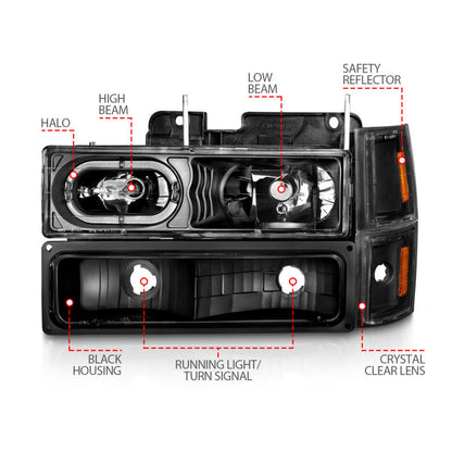 ANZO 88-98 Chevrolet C1500 Crystal Headlights Black Housing w/ Signal and Side Marker Lights 111507