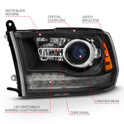 ANZO 2009-2018 Dodge Ram 1500 Projector Headlights Plank Style Halo w/Switchback Matte Black 111489