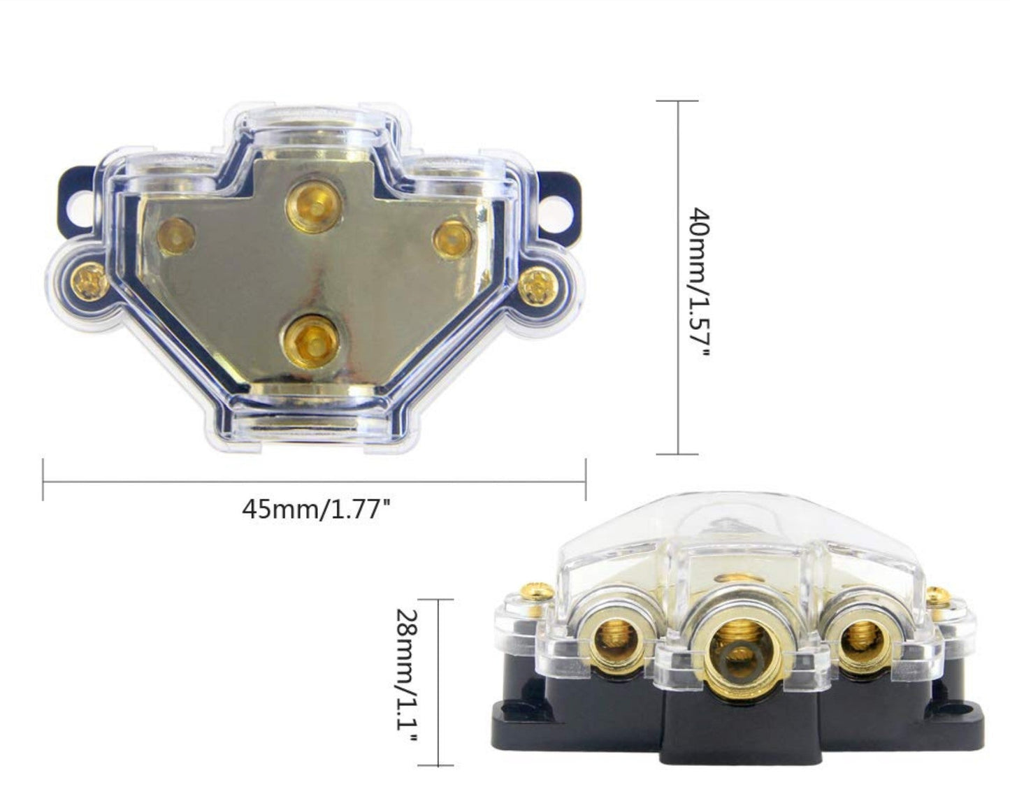 3 Way Power/Ground Distribution Block 2 AWG In, 2x 8 AWG Out, 1x 4 AWG Out