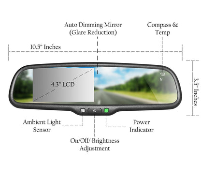 Master Tailgaters 10.5" Rear View Mirror with 4.3" LCD Screen + Dimming + Adjustable Guide Lines + Compass & Temperature