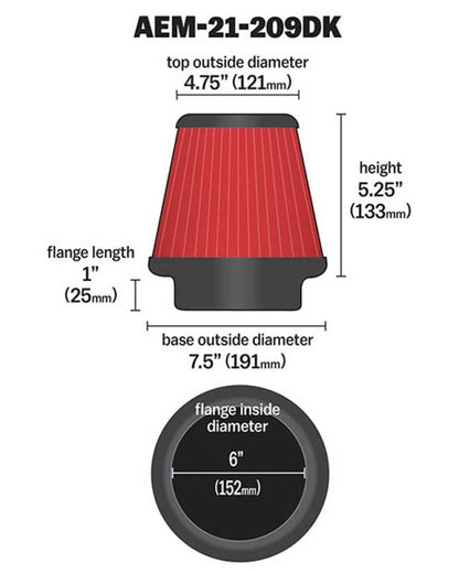 AEM Induction AEM 6 inch x 5 inch DryFlow Conical Air Filter 21-209DK