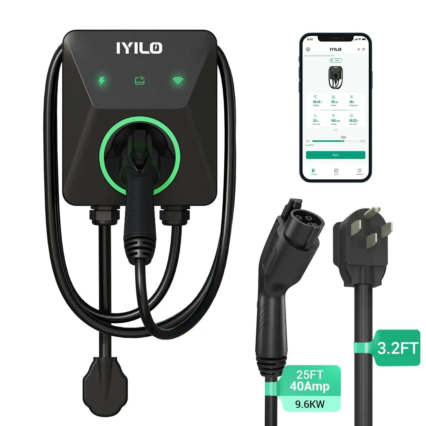 IYILO Level 2 EV Charger NEMA 14-50 J1772 Wall-mounted Plug In - 40A