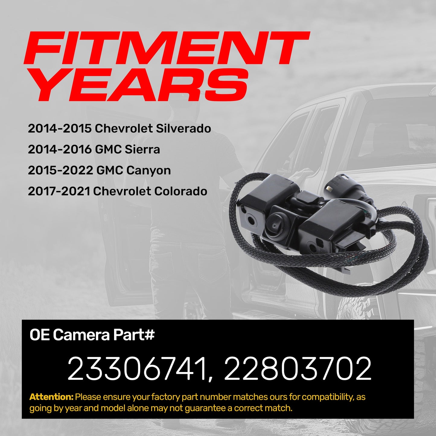 Chevrolet Silverado (2014-2015), Colorado (2017-2021) / GMC Sierra (2014-2016), Canyon (2015-2022) OEM Replacement Backup Camera OE Part # 23306741, 22803702