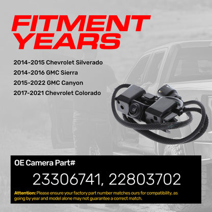 Chevrolet Silverado (2014-2015), Colorado (2017-2021) / GMC Sierra (2014-2016), Canyon (2015-2022) OEM Replacement Backup Camera OE Part # 23306741, 22803702