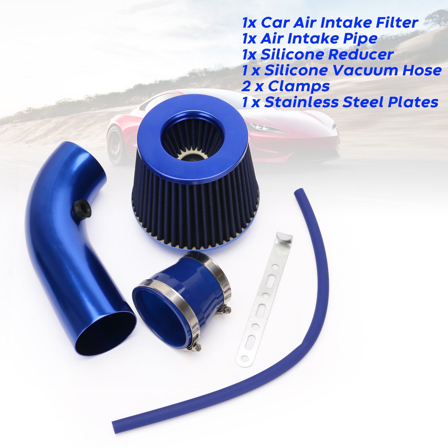 Universal 3-Inch Cold Air Intake Kit with Air Filter & Aluminum Pipe – Blue