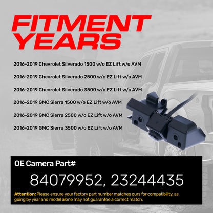 Chevrolet Silverado / GMC Sierra w/o EZ LIFT, w/o AVM, w/o Remote Tailgate (2016-2019) OEM Replacement Backup Camera OE Part  # 84079952, 23244435