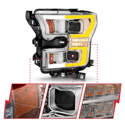 ANZO 15-17 Ford F-150 LED Projector Headlights - w/ Light Bar Switchback Chrome Housing 111548